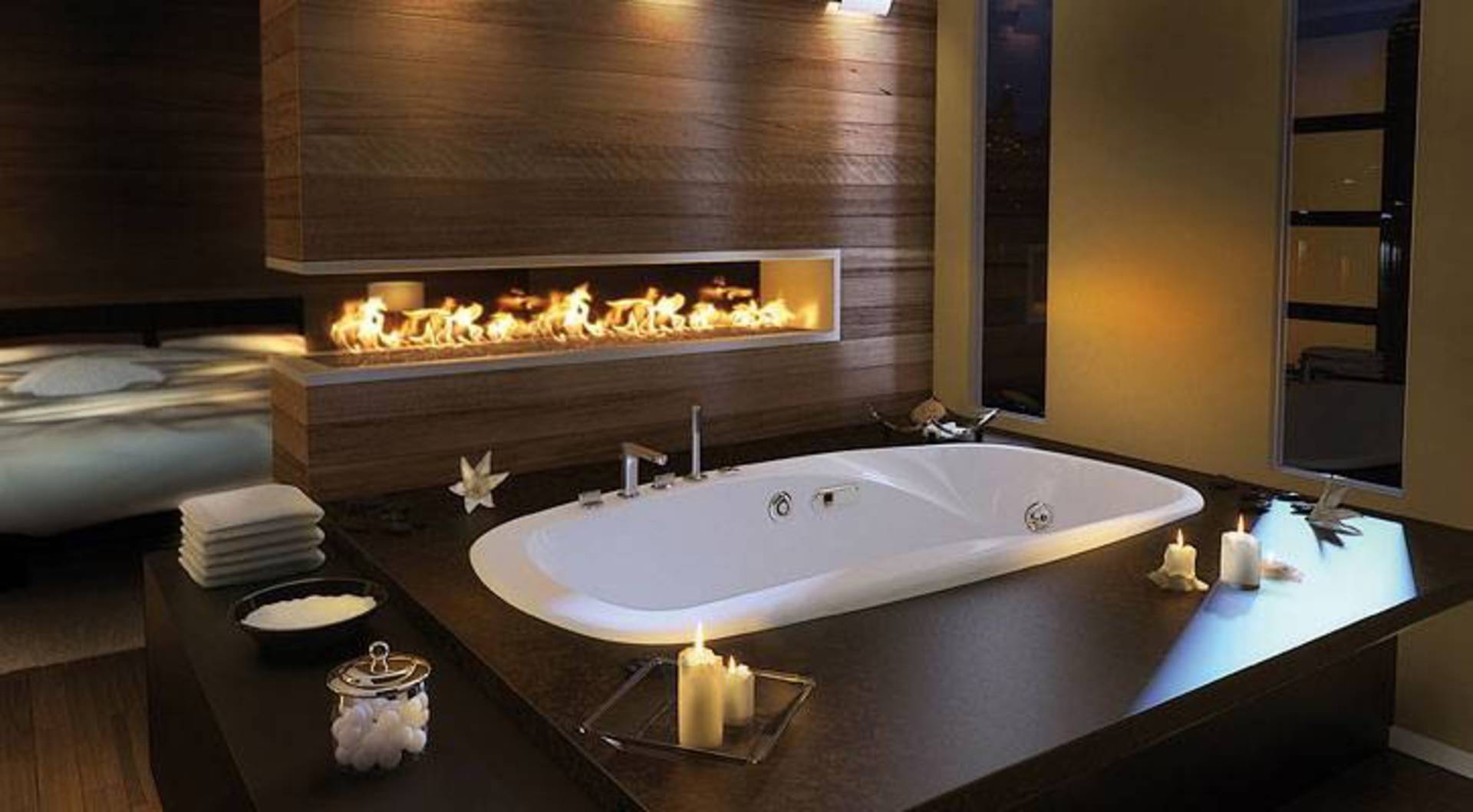 Elegant Master Bathroom Idea with Built In Fireplace by Pearl